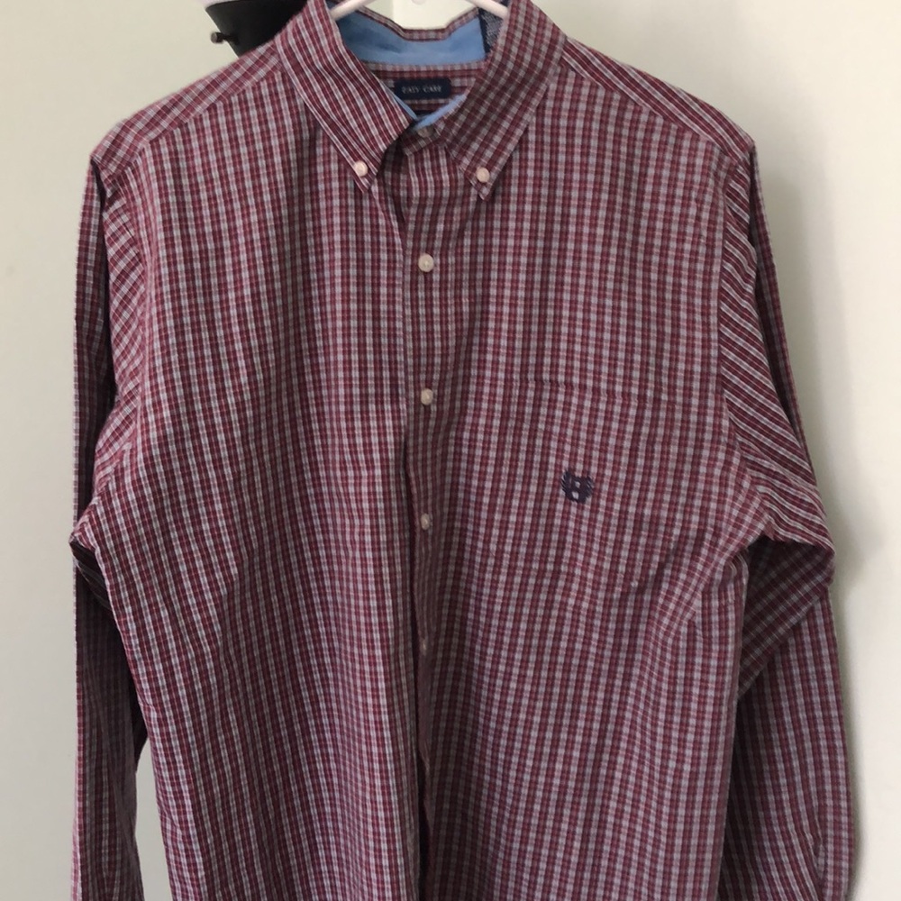 Men’s Chaps easy care button down shirt blue/burgundy plaid